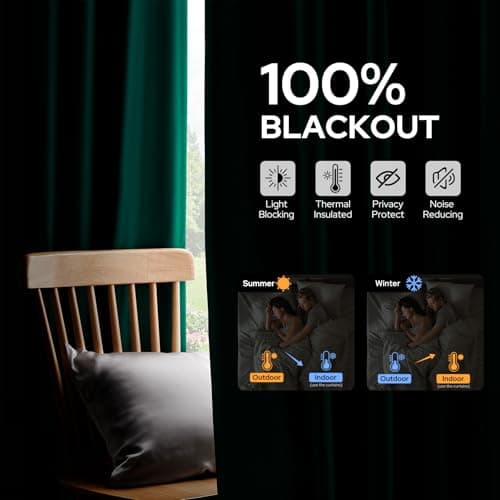 HOMEIDEAS 100% Blackout Faux Silk Hunter Dark Green Curtains 84''L 2 Panels - Thumbnail 3