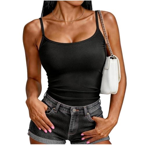 FMAOHFE Tank Tops for Women Square Neck Double Lined Camisole, Basic Adjustable Spaghetti Strap Sleeveless Summer Cami Shirts Dark Black - Image 1