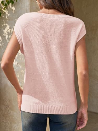 Saodimallsu Womens Short Sleeve Sweater Tops Summer Crewneck Lightweight Knit Casual Loose Sleeveless Sweater Vest Pink - Thumbnail 5