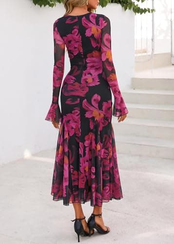 Lazysmile Women's Long Sleeve Floral Maxi Dresses Fall Formal Crewneck Bodycon Mesh Ruffle Wedding Guest Cocktail Party Dress Black Rose Red - Thumbnail 2