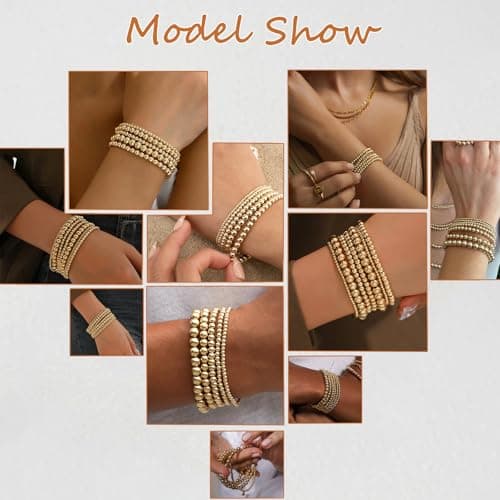 Gold Beaded Bracelets for Women, 5 Pcs Dainty 14K Gold Plated Chunky Stretch Bead Ball Bracelet Stack - Thumbnail 6