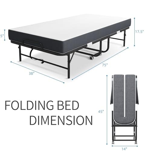 BIZOEIRON Folding Bed with Mattress for Adults, 75" x 38" Foldable Bed, Twin Size Metal Bed Frame with Wheels, Portable Rollaway Bed for Guest, Travel - Thumbnail 3