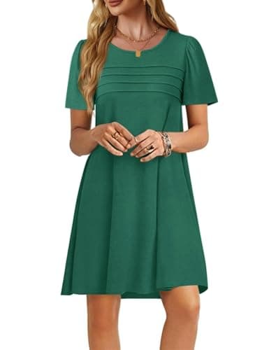 Imily Bela Womens Summer Casual T Shirt Dress Short Sleeve Crewneck Pleated Front Loose Beach Flowy Mini Dresses Dark Green - Image 1