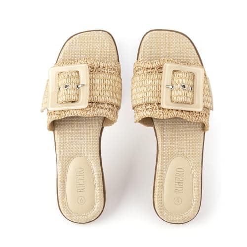 Rihero Raffia Flat Sandals for Women Dressy Slip On Beach Slides Square Toe Buckle Summer Fashion Woven Sandals Natural Size 5.5 - Thumbnail 6