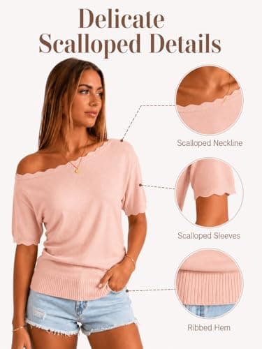 MONORA Off The Shoulder Tops for Women Short Sleeve Sweater Boat Neck One Shoulder Knit Pullover Lightweight Cinched Waist Fitted Going Out Shirts Spring Summer Pink - Thumbnail 3