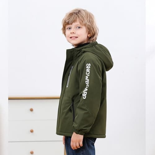 Boys' Waterproof skiing Jacket - Winter Fleece Lined Snowboarding Coat with Hood, Windproof Thermal Outer Shell for Kids Army Green 9-10 - Thumbnail 5