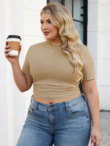 Chulianyouhuo Womens Plus Size Basic Summer Going Out Crop Tops Slim Fitted Short Sleeve Crew Neck Brown T Shirts 2026 - Thumbnail 3