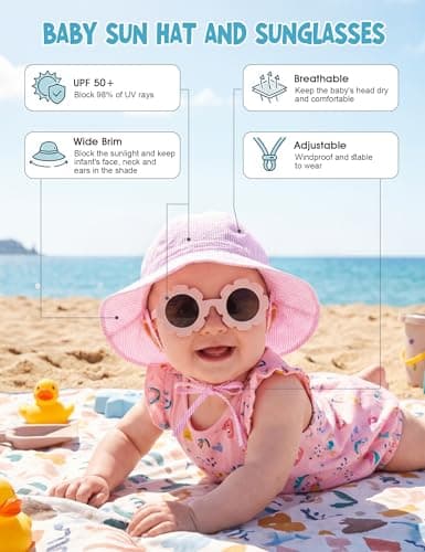 Durio UPF50+ Baby Sun Hat and Sunglasses - Sun Protection Hat for Boy Girl, Wide Brim Summer Beach Hats for Newborn Toddler Pink 3-6 Months - Thumbnail 3