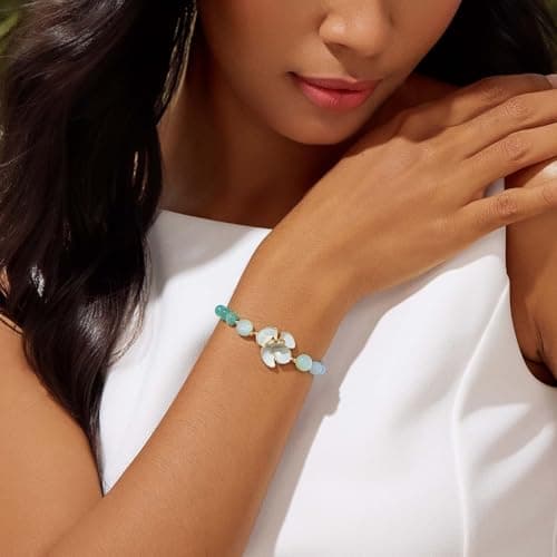 Cicy Bell Womens Flower Bracelets 18K Gold Plated Trendy Charm Colorful Cat's Eye Stone Beaded Adjustable Stretch Bracelet Friendship Vacation Jewelry Accessories - Thumbnail 3