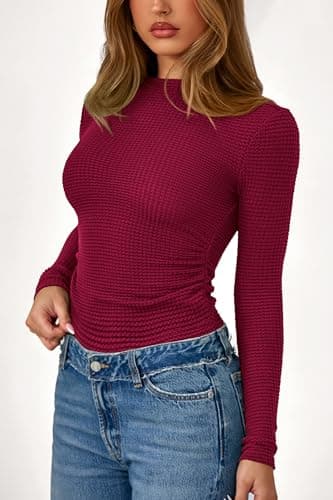 PRETTYGARDEN Womens Tops 2026 Spring Long Sleeve Fitted T Shirts Waffle Ruched Crop Shirt Basic Knit Workout Y2k Clothes(Burgundy,XX-Large) - Thumbnail 5