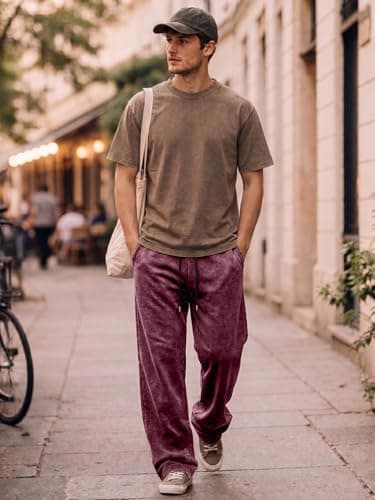 JMIERR Men's Wide Leg Pants Casual Trousers Acid Washed Baggy Cotton Hip Hop Drawstring Streetwear Sweatpants with Pockets, 2XL, Burgundy - Thumbnail 3