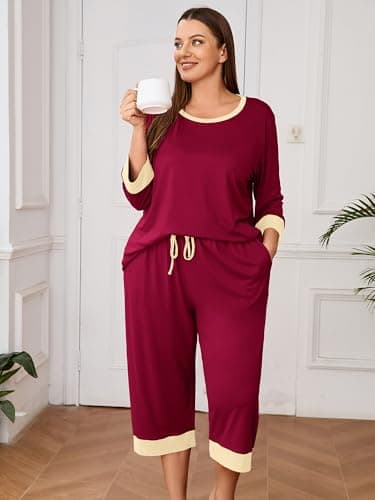 AusLook Women’s Plus Size Pajama Sets Burgundy 4X Soft 3/4 Sleeve Nightwear Top and Capri Pants Lounge Set with Pockets - Thumbnail 4