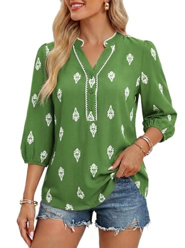 GRACE KARIN Boho Tops for Women Summer, Dressy Casual Floral Blouses, V Neck Button Up 3/4 Sleeve Shirts for Vacation Dark Green L - Image 1