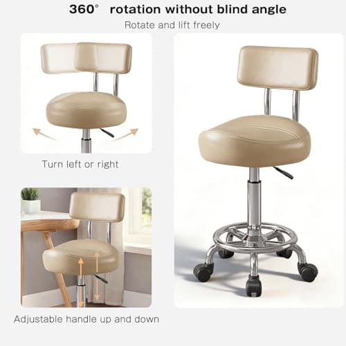 Walktory Vanity Chair with Back Small Armless Office Chair with Wheels and Footrest, PU Leather Adjustable Height Swivel Chair for Bedroom, Home Office Khaki - Thumbnail 3