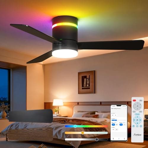 Amico 42‘’ RGB Ceiling Fans with Lights, Low Profile Flush Mount Small Ceiling Fan, Remote Control/APP Control, 3CCT, Reversible, Bedroom, Living Room, Kids Room, Black
