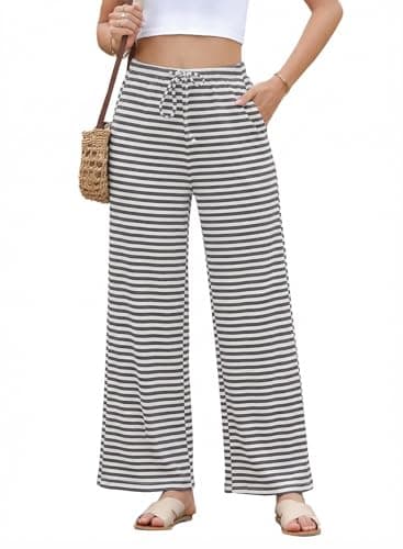 EVALESS Striped Pants Women Casual Wide Leg Drawstring Elastic Waist Loose Fit Trousers Womens Lounge Sweatpants with Pockets White and Black X-Large - Image 1