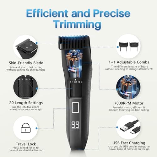 Beatslm Beard Trimmer for Men, 20 Length Adjustable, Cordless Waterproof Clippers, Stainless Steel T-Blade for Precision Facial Hair Trimming with 2 Guide Combs, Travel Lock, LED Display - Thumbnail 2