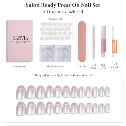 Short French Tip Press On Nails - Round Glitter Glamorous Shimmering Nails For Women, Ideal For Fashion Shoots, Holiday Looks, Or Special Ceremonies, 24 Nails in 12 Sizes - Thumbnail 5
