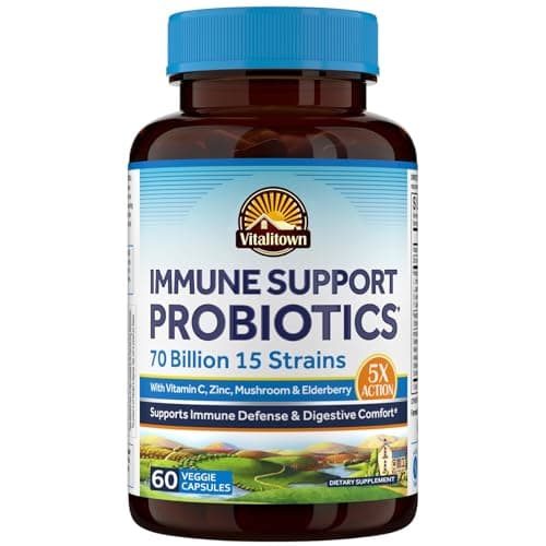 Vitalitown Probiotics 70 Billion CFU, Immune Support Probiotics Supplement, 15 Clinical-Strength Strains, with Vitamin C, Zinc, Elderberry & Echinacea, Digestive Health, 60 Vegan Capsules, Non-GMO - Image 1