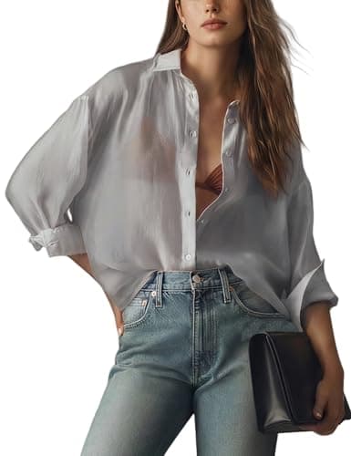Wyeysyt Womens Shiny Sheer Blouse Top Sexy Mesh Shirt See Through Long Sleeve Shirts Button Down Collared Tops(Grey-XL) - Image 1