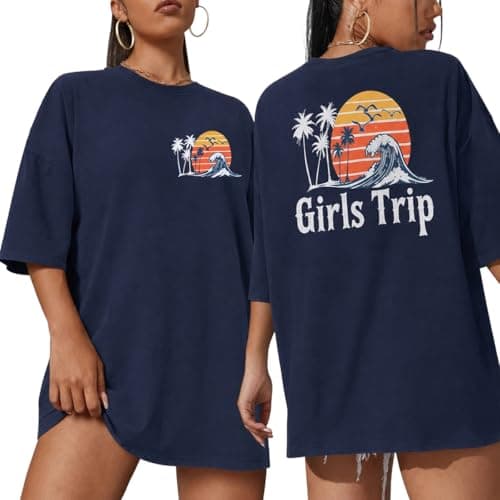 Women Hawaiian Tshirt Summer Beach Vacation Tops Oversized Beachy Summer Vibes Casual Graphic Short Sleeve Tees Dark Blue - Image 1