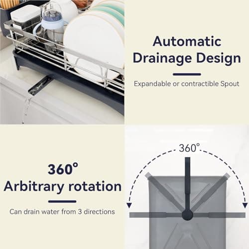 Azevix Dish Drying Rack, 304 Stainless Steel Dish Racks for Kitchen Counter with Cutlery Holder & Sponge Holder, Large Dish Drainer with Removable Drainboard, 11.8''W x 16.7''L (Stainless Steel) - Thumbnail 5