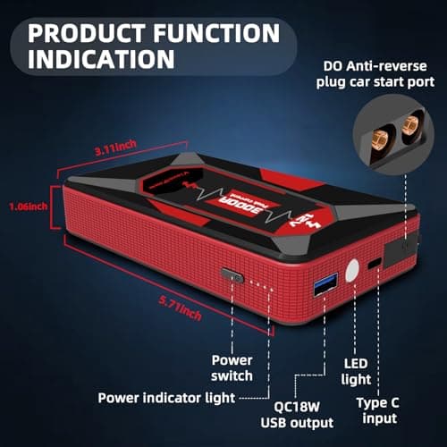 VisualPower 3000A Portable Car Jump Starter, 12V Battery Booster for 6.0L Gas/4.0L Diesel, 9 Safety Protections, Power Bank, 3-Mode LED Flashlight & Hard Case - Thumbnail 4