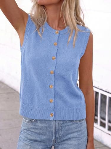 BTFBM Sweater Vest Women Casual Crewneck Loose Button Down Knit Sleeveless Cardigan 2026 Spring Clothes Summer Vest Tops(Light Blue, Medium) - Thumbnail 6