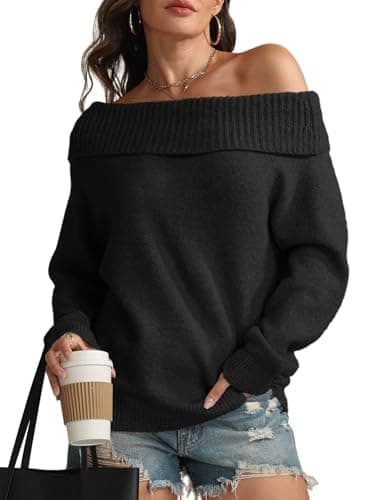 ATHMILE Oversized Sweater for Womens Off The Shoulder Tops Batwing Sleeve Loose Pullover Spring Fall Winter Outfits 2026 Black
