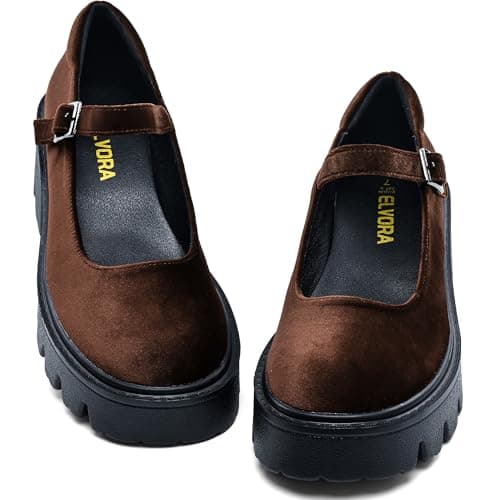 Elvora Women's Mary Jane Shoes - Platform Mary Janes for Women, Brown Velvet Round Toe Chunky Dress Shoes with Adjustable Ankle Strap - Thumbnail 3