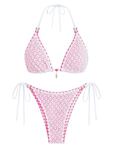 ZAFUL Womens 2 Piece Triangle Bikini Hollow Out Halter Bikini Sets Sexy Bathing Suit High Waisted Side Tie Swimsuits 1-Pink M - Image 1