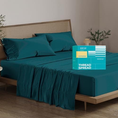 THREAD SPREAD 100% Egyptian Cotton Sheets California King Size - 800 Series Euphoria Collection Luxury Cal King Size (4 PC, Teal), Soft Cooling, 16" Deep Pocket Hotel Sheets - Image 1