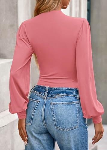 KIRUNDO Blouses for Women Dressy Casual 2026 Fall Ruched Puff Long Sleeve Shirts Mock Neck Underscrub Fitted Trendy Tops (Pink, X-Small) - Thumbnail 2
