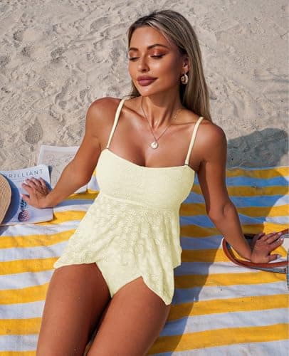 ZAFUL Womens Tankini Swimsuits Lace Jacquard Flowy Swimwear Square Neck Spaghetti Sting Bikini Mid Waisted Briefs (Cream S) - Thumbnail 2