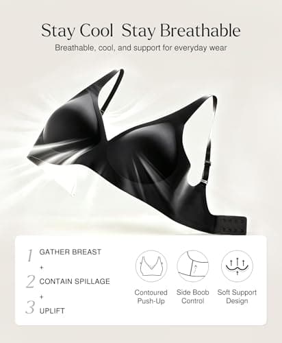 Wireless Push Up Bra Womens Bras Full Support Comfy Seamless Bralettes No Underwire Comfortable Tshirt Deep V Bra Black - Thumbnail 4