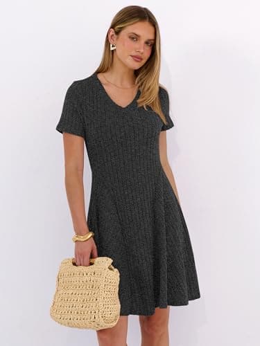 ANRABESS Womens Summer Dresses Casual Short Sleeve Ribbed Knit V Neck Swing A-Line 2026 Spring Vacation Tunics Short Dress Black Large - Thumbnail 3
