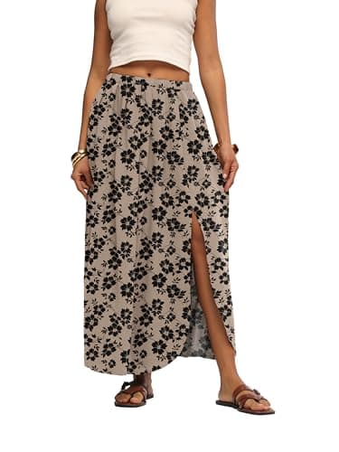 HiMONE Womens Plus Size Maxi Skirt Elastic Waist Flowy Long Skirts with Side Slit for Work Holiday 2026