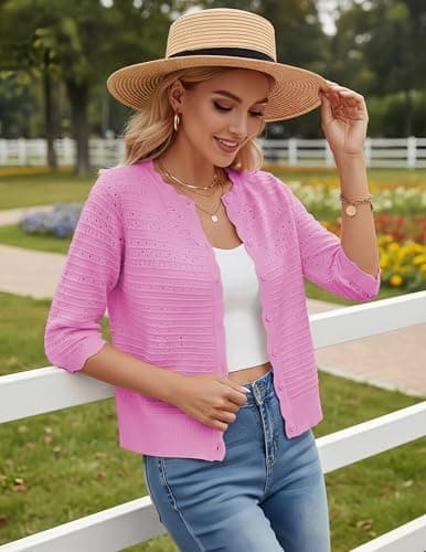 GRACE KARIN Womens Short Sleeve Cardigan Sweater, Lightweight Cotton Cardigan Trendy, Dressy Open Front Bolero Shrugs Pink - Thumbnail 2
