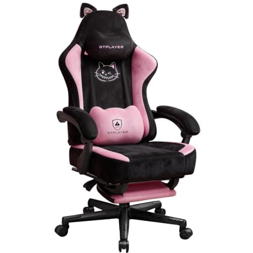 GTPOFFICE Cute Gaming Chair with Cat Ears,Ergonomic Computer Chair with Footrest Cat Paw Lumbar Support Comfortable Reclining Game Chair Desk Chair for Adult Teens, Soft Fabric, Pink Black - Image 1