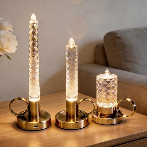 JandCase Flameless Candles Set, Rechargeable Pillar Candles Battery Operated, LED Acrylic Crystal Tapered Candle, 0.4W Dimmable Small Cordless Table Lamp for Valentines Wedding Centerpiece Decorations - Image 1