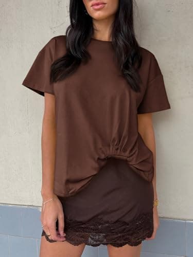 Cicy Bell Womens Summer Short Sleeve Tops Casual Crew Neck T-Shirts Loose Fit Twist Front Basic Tees Coffee - Thumbnail 2