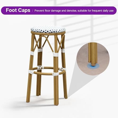 PURPLE LEAF Outdoor Round Bar Height Stool Set of 2 Patio Backless Barstools Aluminum Frame in Bamboo Finish with White & Blue Woven Rattan for Indoor Kitchen Dining Bistros Cafe Restaurant - Thumbnail 6