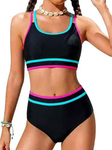 Girls Black Swimsuits Size 10-12 Two Piece Bathing Suits Trajes De Baño para Niñas Black Swim Color Block Sportteens Teen Bikini Sets Adjustable Double Straps Top Bottoms Padded Modest Swimwear - Image 1