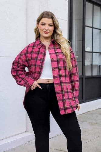 BLANCHES Plus Size Flannel Shirts for Women Lightweight Plaid Shirt Button Down Blouses Casual Boyfriend Shacket Pink - Thumbnail 3