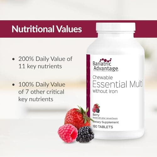 Bariatric Advantage Chewable Essential Multivitamin Without Iron - 200 DV of Key Nutrients - Trace Mineral Support - Multivitamins for Bariatric Patients - Berry - 180 Count - Thumbnail 5