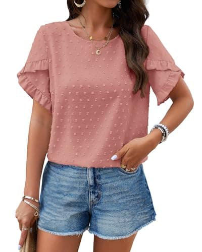 PRETTYGARDEN Women Trendy Blouses 2025 Ruffle Sleeve Jumper Top Dressy Swiss Dot Boho Tunic Tops Cozy Summer Outfits(Pink,XX-Large) - Image 1