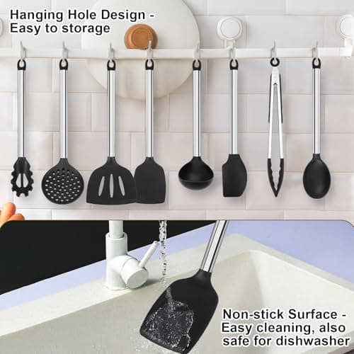 Silicone Cooking Utensils Set, Vayvnt 8 PCS Kitchen Utensils Set with Stainless Steel Handle, Heat Resistant Kitchen Tools for Nonstick Cookware, Large Spatula Spoons Turner, Dishwasher Safe, Black - Thumbnail 5