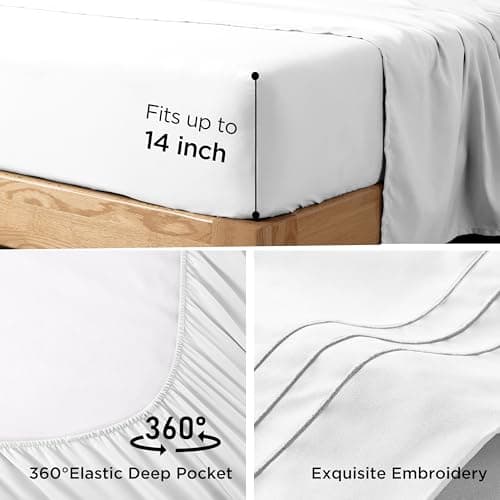 Baskbed Full Size 4 Piece Sheet Set with Embroidered Pillowcases, Ultra-Soft Microfiber Comfy Breathable & Cooling Bed Sheets, Deep Pocket Fitted Sheets and Hotel Luxury Cozy Flat Sheets, White - Thumbnail 5