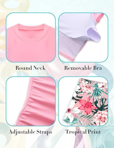 GEMLON Girls Rash Guard Swimsuit 2PCS Long Sleeve Rash Guard with Tropical Shorts Teen Swimsuits for Girls 12-14 - Thumbnail 6
