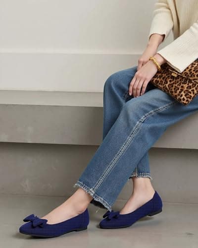 AHZEHRSE Women's Flats Shoes Comfortable Slip On Shoes Classic Dressy Pointed Toe Bow Knit Ballet Flat Blue - Thumbnail 2